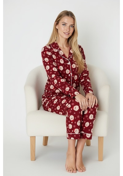 Luxury Soft Bordo Yılbaşı Desenli Uzun Kollu Kadın Pijama Takımı 3026 Kırmızı