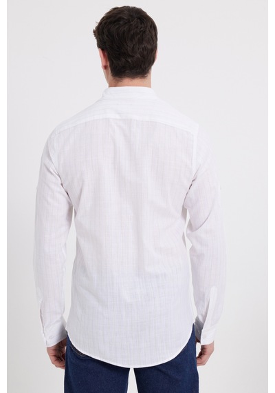 Tudors Erkek Slim Fit Dar Kesim Uzun Kollu %100 Pamuk Keten Doku Çizgili Gömlek-42651 Beyaz