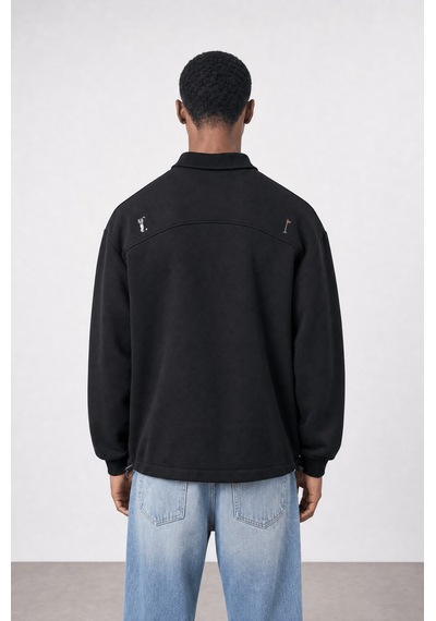 Respire Erkek Not For Everyone Nakışlı Polo Yaka Oversize Sweatshirt Siyah