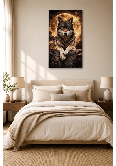 Tam Renk Premium Seri Altın Dolunay Kurt Alfa Kurt Modern Loft Dekoratif Kanvas Duvar Tablosu Çok Renkli
