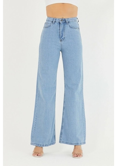 Palazzo Pantolon Buz Mavi Yüksek Bel Geniş Paça Bol Kesim Premium Jeans Buz Mavi