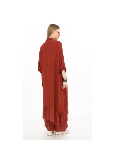 Bohem Stil Itayan Ipek Detaylı Oversize Kaftan- Pantolon Takım-9214 Bordo