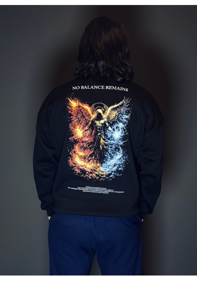 Dark Line No Balance Remains Sırt Baskılı %100 Pamuk Unisex Siyah Oversize Sweatshirt Siyah