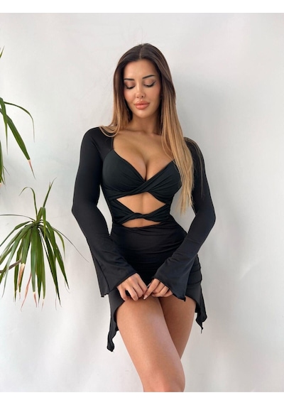 Pink Life Flare Kollu Seksi Bodycon Siyah Mini Elbise Siyah