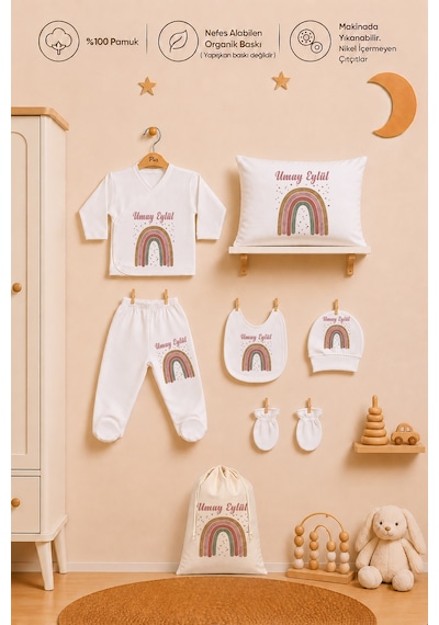 Pia Baby Kişiye Özel %100 Pamuk Kız Bebek Hastane Çıkışı Zıbın Seti 8 Parça Kese Hediyeli 1107zybk0x Krem
