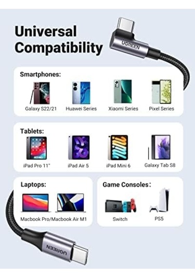 2.0 A, 60 W Usb-c & Usb-c, 90 Derece Şarj Ve Data Kablosu, 1 Metre, Acbugn50123a