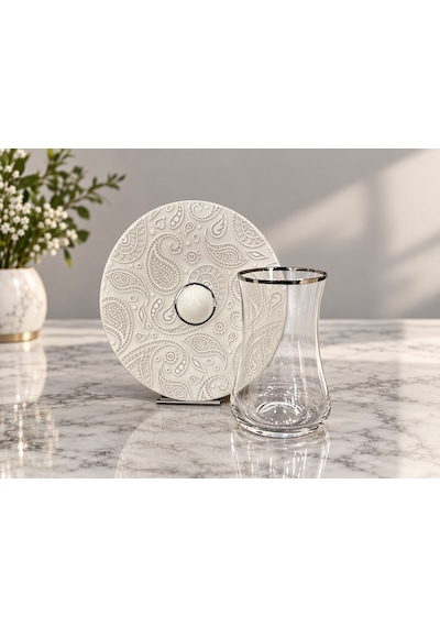 Tektava Koleksiyon Paisley White Titanyum 12 Parça 6 Kişilik Çay Seti Beyaz