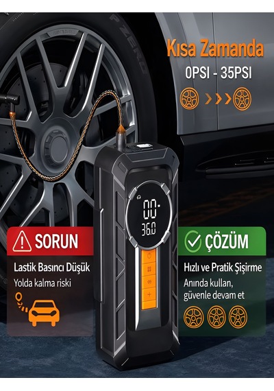 8000mah 1000a Akü Takviyeli Kompresör 150 Psı Çift Dijital Ekran Led Fenerli Hava Pompası Siyah - Abs+