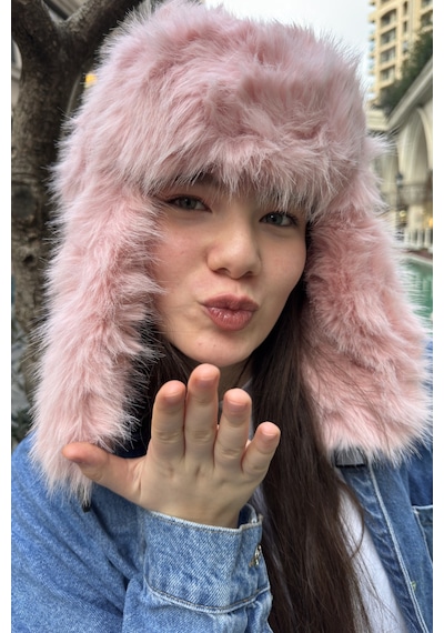 Mollycrush Pembe Pelüş Kürklü Genç Pilot Şapkası Yumuşak Tüylü Kulaklı Trend Kışlık Ushanka Pembe