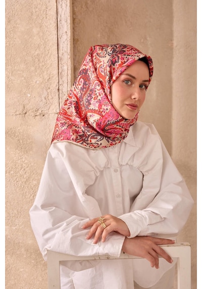 Twill İpek Eşarp 11473-42 Açık Vizon, Nar Çiçeği, Pembe, Antrasit