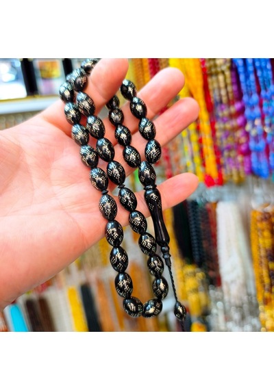 9x12 Mm Beyzi Gümüş Çakım Kuka Tesbih - Ebu Sırr Usta İşçilikli Gümüş Çakımlı Kuka Tespih Siyah