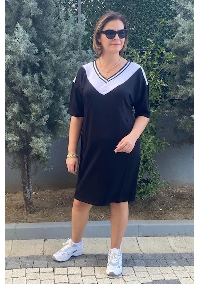 Mia Butik Büyük Beden Lina V Yaka Elbise Siyah