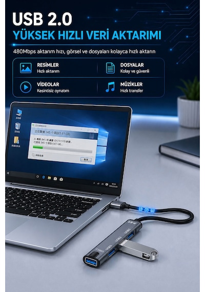 4 Port Usb Çoklayıcı Hub, Usb 2.0 Ve Usb 3.0 Destekli Otg Adaptör, Telefon Tablet Laptop Pc Uyumlu, Klavye Mouse Usb Bellek Hard Disk İçin 480mbps Tak Çalıştır N802