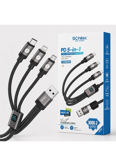 Schitec 5in1 100w Dijital Göstergeli Type-c Ve Usba Girişli Micro Type-c Lightning Çıkışlı Hızlı Şarj Ve Data Kablosu 1.2m Hg/c-26