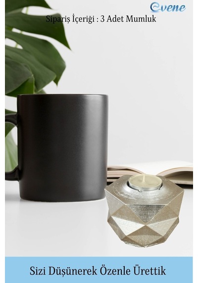 Eskitme Mumluk Şamdan 3 Adet Tealight Ve İnce Mum Uyumlu Kabak Model - Gümüş