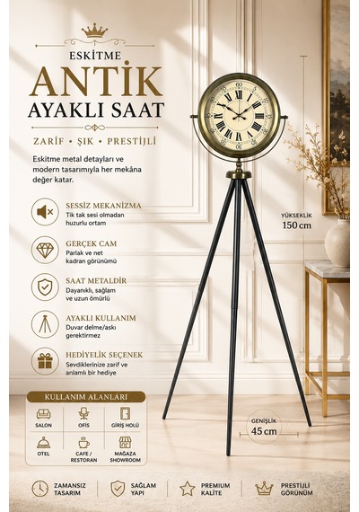 Antik Görünümlü Eskitme Tripod Ayaklı Saat