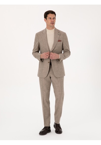Cacharel Bej Slim Fit Yün Kaşmir Karışımlı Mikro Desenli Ceket