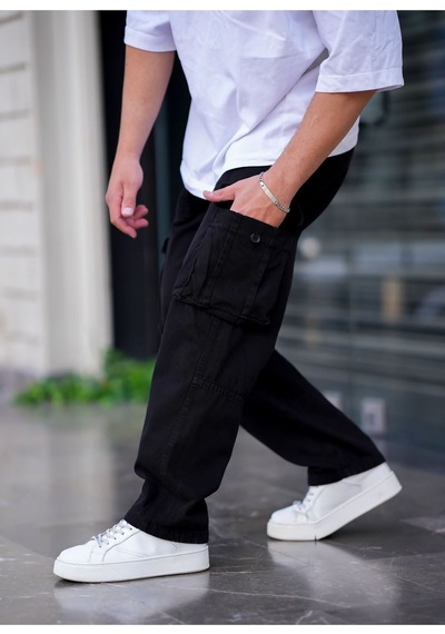 Erkek Kargo Cep Baggy Pantolon Rengi Siyah