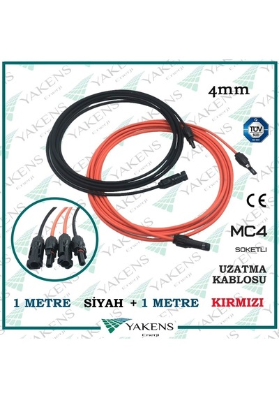 Güneş Paneli Uzatma Kablosu 4mm 1m+1m Çift Taraflı Mc4 Soketli Solar Ara Kablo Siyah Kırmızı