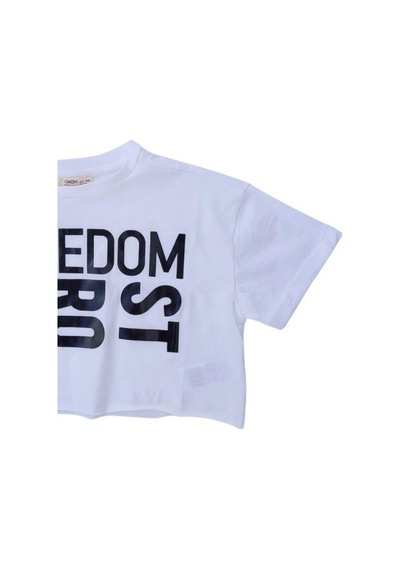 Çikoby Kız Çocuk Pamuklu Sıfır Yaka Kısa Kol Yazılı Crop Tshirt-12104 Beyaz