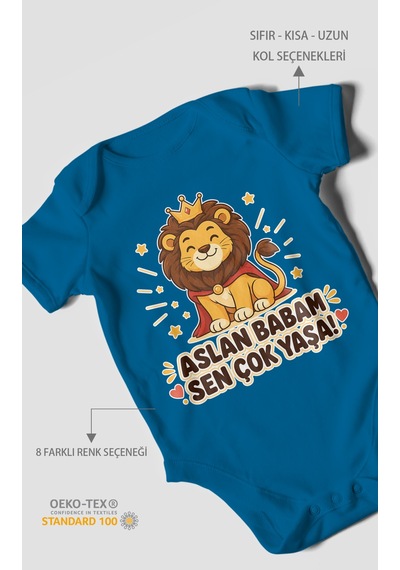 Morivokids Aslan Babam Sen Çok Yaşa Kısa Kollu Bebek Body %100 Pamuk Koyu Mavi