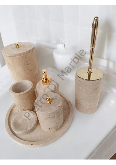 Sarı Traverten Klasik Model 7 Parça Gold Renk Düğme Aksesuarlı Banyo Seti Sarı Traverten