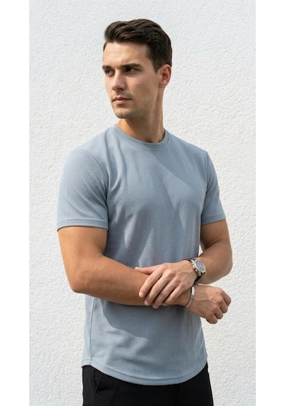 Plus Scorpion Erkek Slim Fit Basic Tişört Esnek, Terletmeyen Pike Dokulu Kumaş Mavi