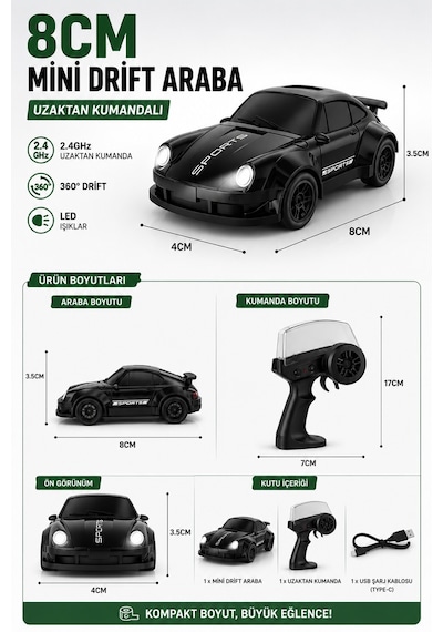 8cm 1:64 Ölçek Uzaktan Kumandalı Drift Araba Led Işıklı Şarjlı Oyuncak Siyah