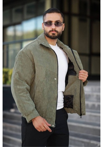 Tasarım Oversize İçi Kapitone Dolgulu Kadife Ceket Haki Kadife