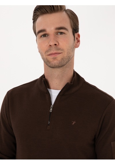 Koyu Kahverengi Regular Fit Yarım Fermuarlı Sweatshirt