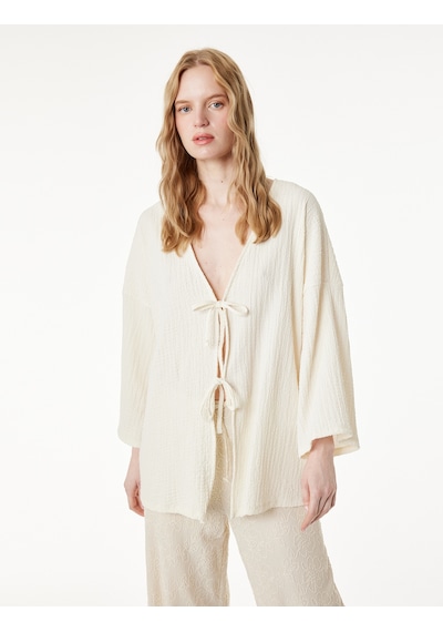 Koton Bürümcük Kumaş Geniş Uzun Kollu Bağlama Detaylı Dokulu Kimono Ekru 6sak30069ek
