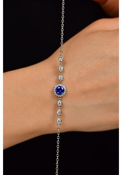 Safir Taşlı Rodyum Yuvarlak Anturaj Gümüş Bileklik B10021