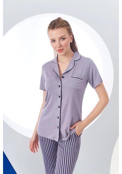 Pjs 24156 Kadın Çizgili Düğmeli Pijama Takım 001