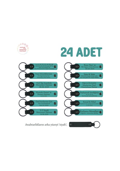 Müşterilerinize Kurumsal Hediye, 24'lü Set, İsim Yazılabilir Deri Anahtarlık, Koyu Turkuaz & Siyah