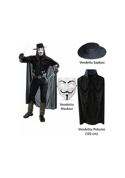 Magicool Vendetta Kostüm Seti Şapka Maske Pelerin 120 Cm