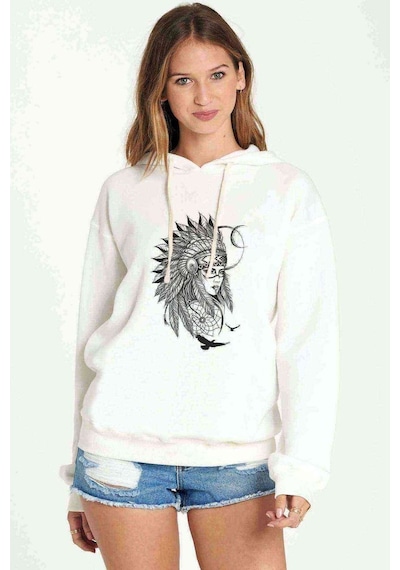 Kızılderili Kız Kuş Baskılı Beyaz Kadın Kapşonlu Sweatshirt