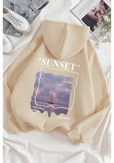 Uyguntarz Unisex Sunset Baskılı Sweatshirt Bej