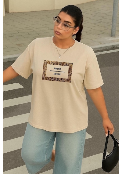 Büyük Beden Lımıted Edıtıon Baskılı Unisex Tişört Bej