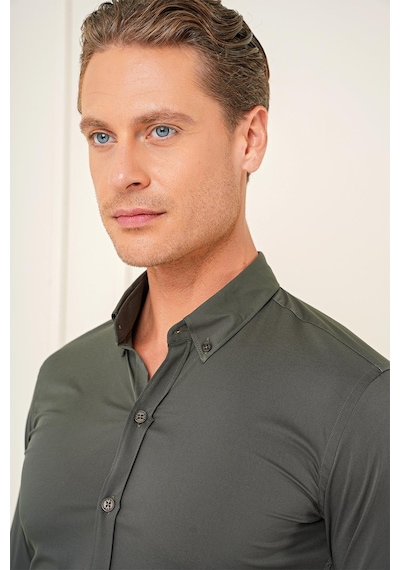 Efor Slim Fit Düğmeli Yaka Esnek Pamuk Klasik Haki Gömlek Gk 727 Haki