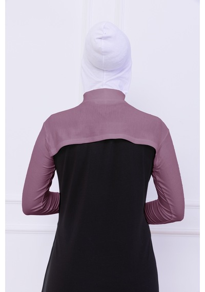 Loggia Balıkçı Yaka Boyunluklu Kolluk Gül Kurusu Pembe - Likralı Dik Yakalı Kadın Body Tesettür Crop Bolero Gül Kurusu
