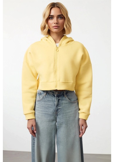 Benerly Kadın Kapüşonlu Fermuarlı Düşük Kol Örme Sweatshirt Fonksiyonel D Açık Sarı