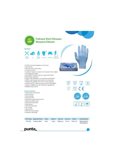 Punta Nıt 400 - Mavi 100% Nitril Muayene Eldiveni