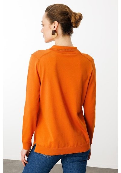 Kadın Polo Yaka Yakası Nakışlı Yazlık Triko Bluz Oranj Oranj