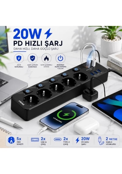 Akım Korumalı Priz, 5'li Priz Soketi, 5x Fiş Soketi, 20w Pd Hızlı Şarj, 2x Usb Girişi, 2x Type-c Girişi, Isıya 0