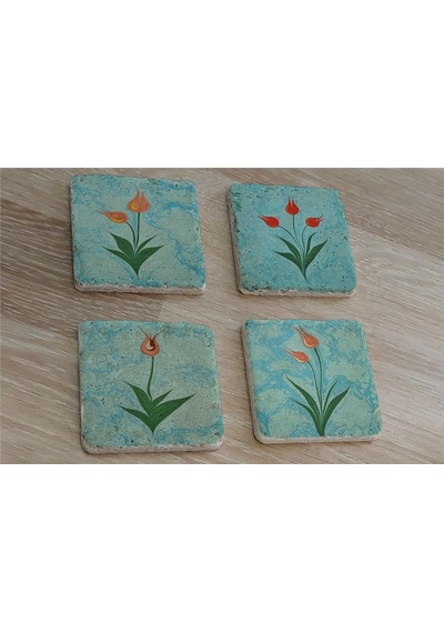 Ebru Laleler Doğal Taş Bardak Altlığı 4'lü Set - Natural Stone Coasters - Taş Çok Renkli