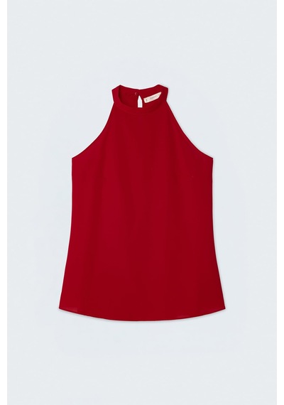 Sateen Halter Yaka Bluz - Kırmızı-137733