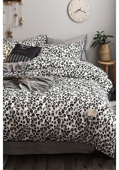 İqon Leopar Premium Cotton 64S Lastikli Çarşaflı Çift Kişilik Nevresim Takımı Siyah