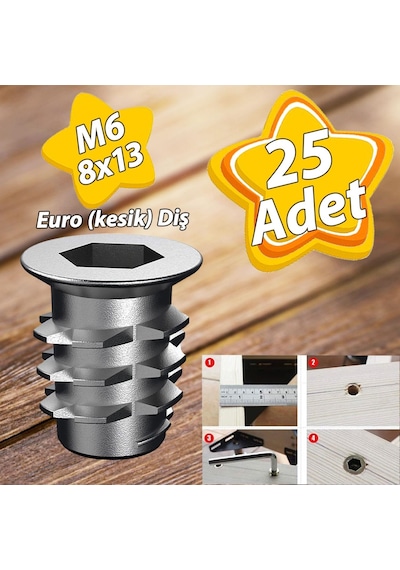 Metal Euro Dişli Dübel Ahşap Dübeli M6 8x13 Diş Çinko Mobilya Bağlantı Ünite Birleştirme 25 Adet
