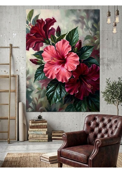 Pembe Hibiskus Üç Çiçek Ve Yapraklı Dekoratif Kanvas - Mdf Ahşap Tablo Çok Renkli