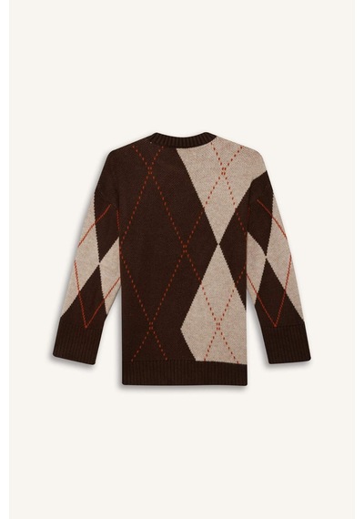 Defacto Regular Fit Bisiklet Yaka Baklava Desenli Triko Kazak Tunik G0711ax25wnbn341 Kahve-bn341